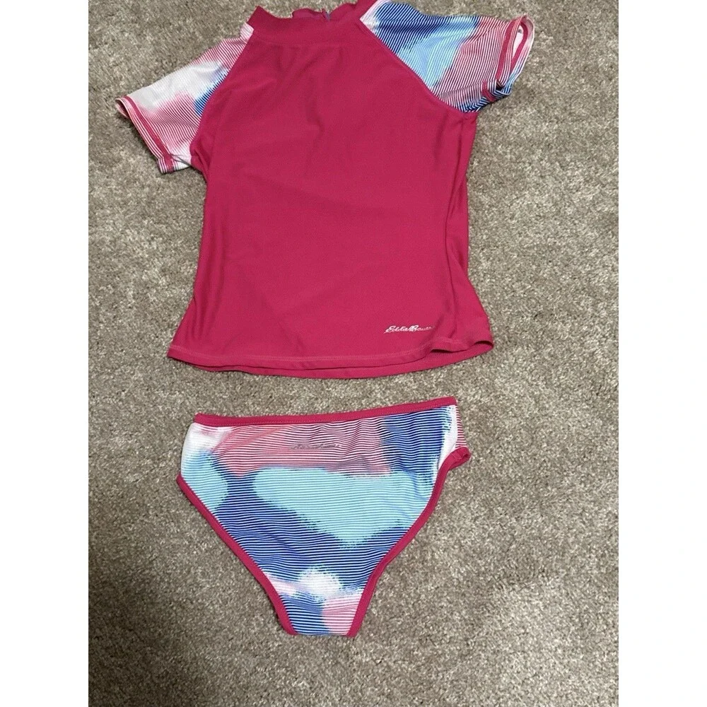 Eddie Bauer Girls Swimsuit Set Short Sleeve Rash Guard Bikini Bottoms   Size 7/8